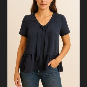 Sezane Short Sleeve Peplum Top in Navy Blue Lace Up Bow